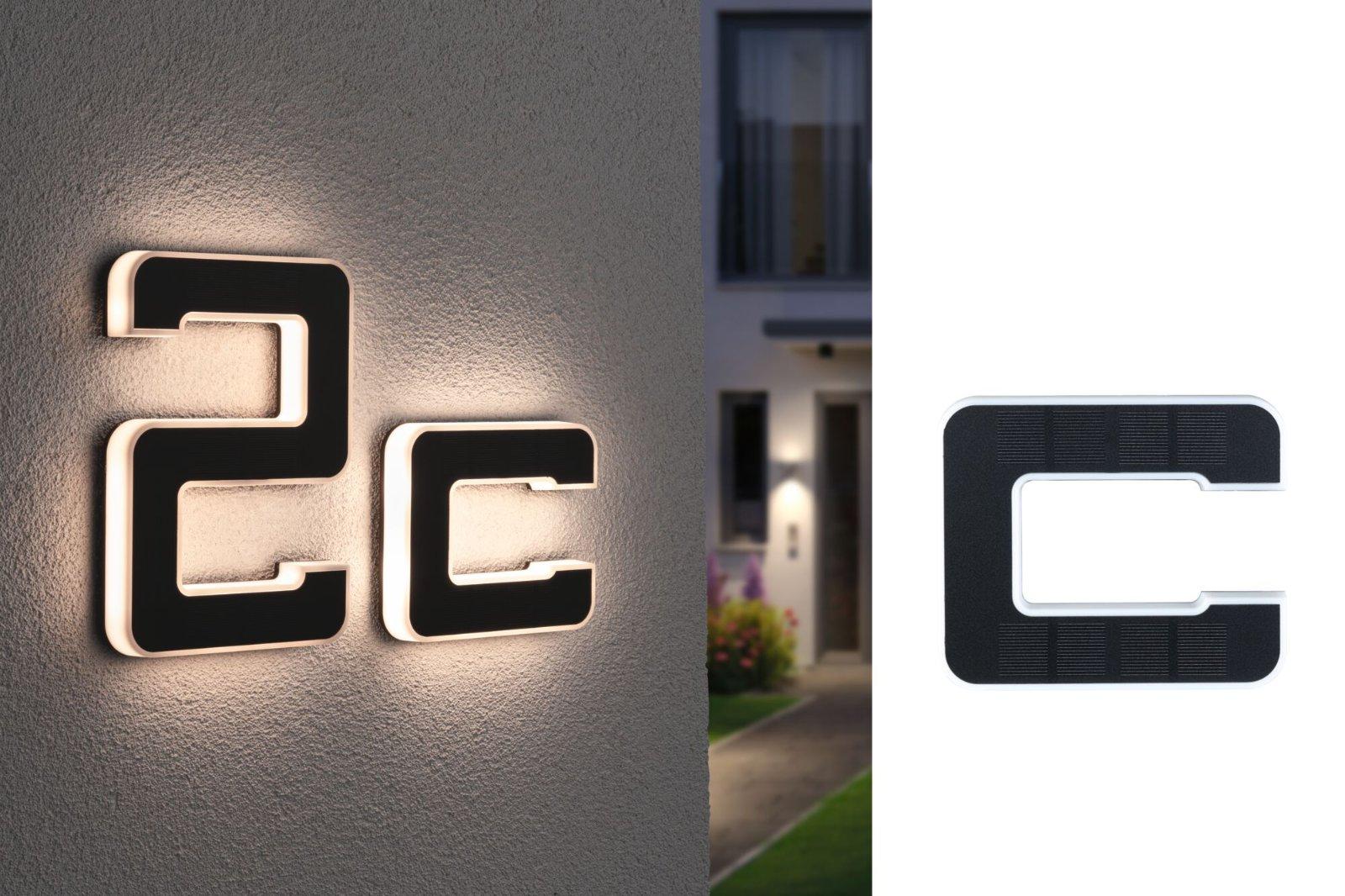 Solární LED domovní číslo a svítidlo písmeno C vč. vyměnitelné nabíjecí baterie IP44 3000K černá - PAULMANN