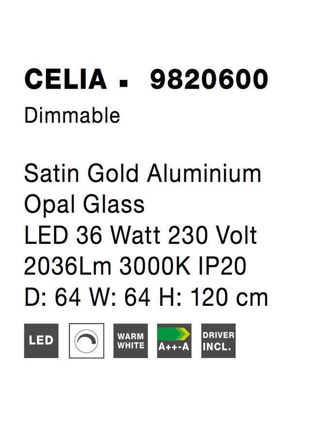 Závěsné svítidlo CELIA stmívatelné saténový zlatý hliník opálové sklo LED 36W 230V 3000K IP20 stmívatelné - NOVA LUCE