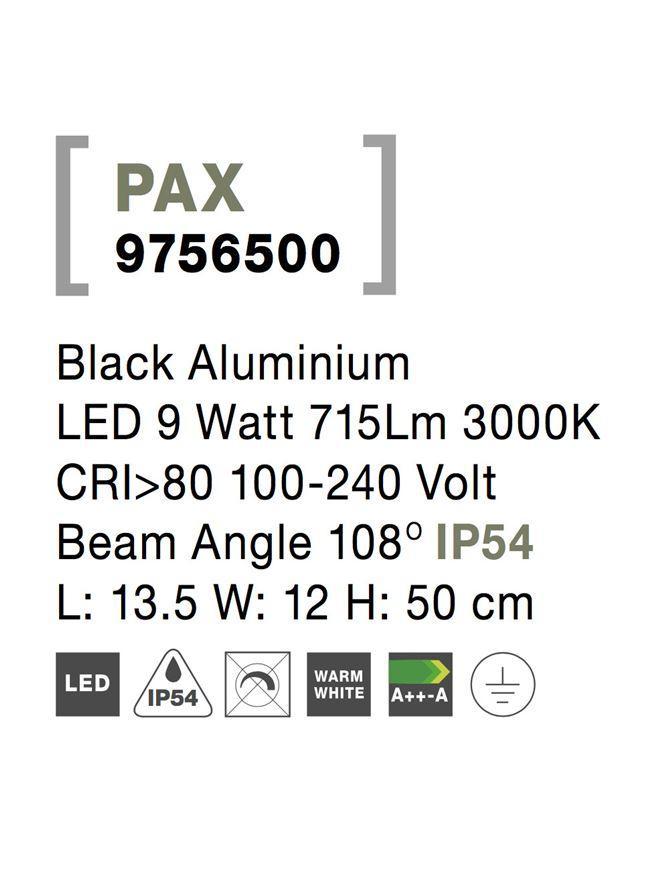Venkovní sloupkové svítidlo PAX černý hliník LED 9W 3000K 100-240V 108st. IP54 - NOVA LUCE