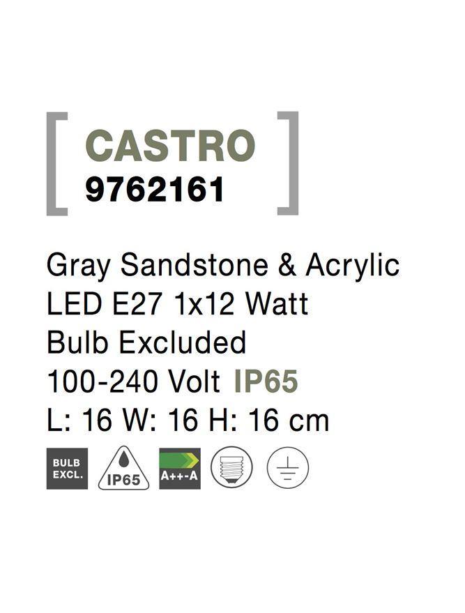 Venkovní nástěnné svítidlo CASTRO šedý pískovec a akryl E27 1x12W bez žárovky 100-240V IP65 - NOVA LUCE