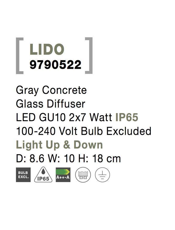 Venkovní nástěnné svítidlo LIDO šedý beton skleněný difuzor GU10 2x7W IP65 100-240V bez žárovky světlo nahoru a dolů - NOVA LUCE