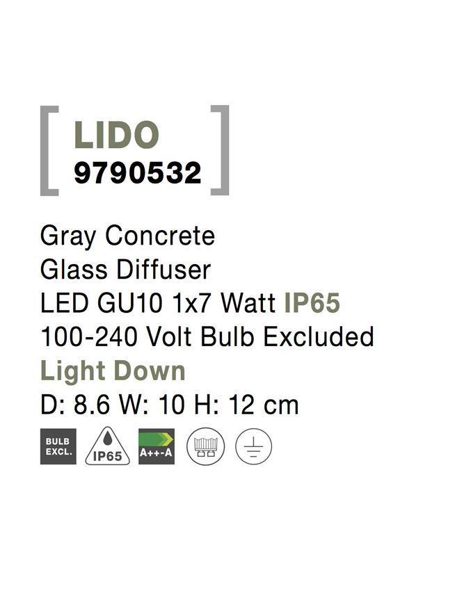 Venkovní nástěnné svítidlo LIDO šedý beton skleněný difuzor GU10 1x7W IP65 100-240V bez žárovky světlo dolů - NOVA LUCE