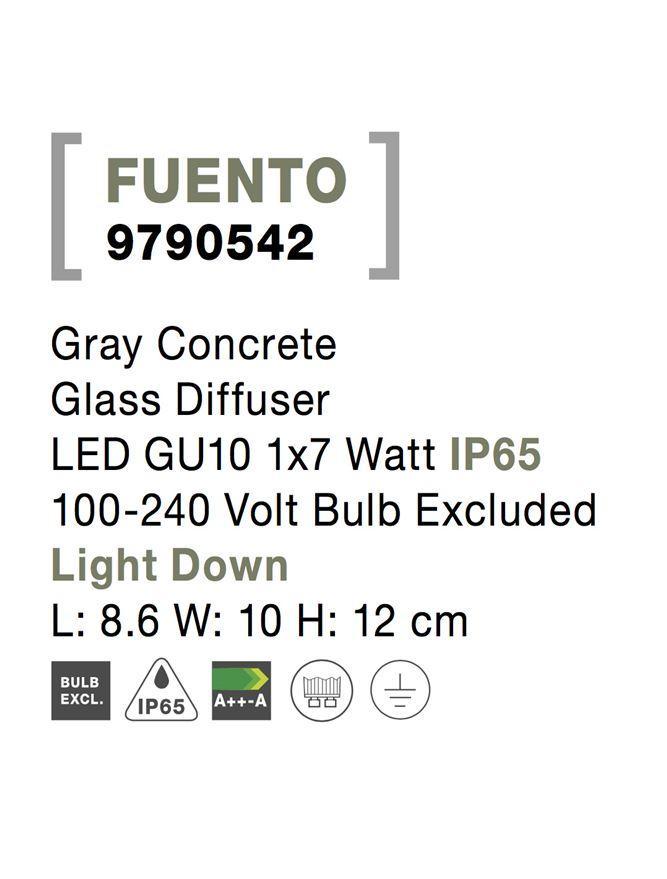 Venkovní nástěnné svítidlo FUENTO šedý beton skleněný difuzor GU10 1x7W IP65 100-240V bez žárovky světlo dolů - NOVA LUCE