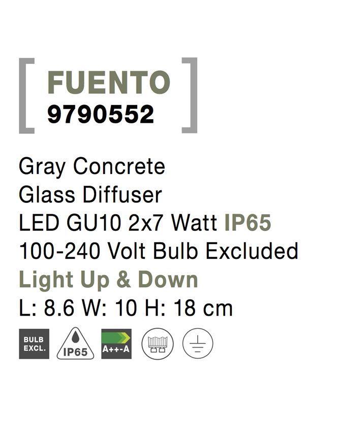 Venkovní nástěnné svítidlo FUENTO šedý beton skleněný difuzor GU10 2x7W IP65 100-240V bez žárovky světlo nahoru a dolů - NOVA LUCE