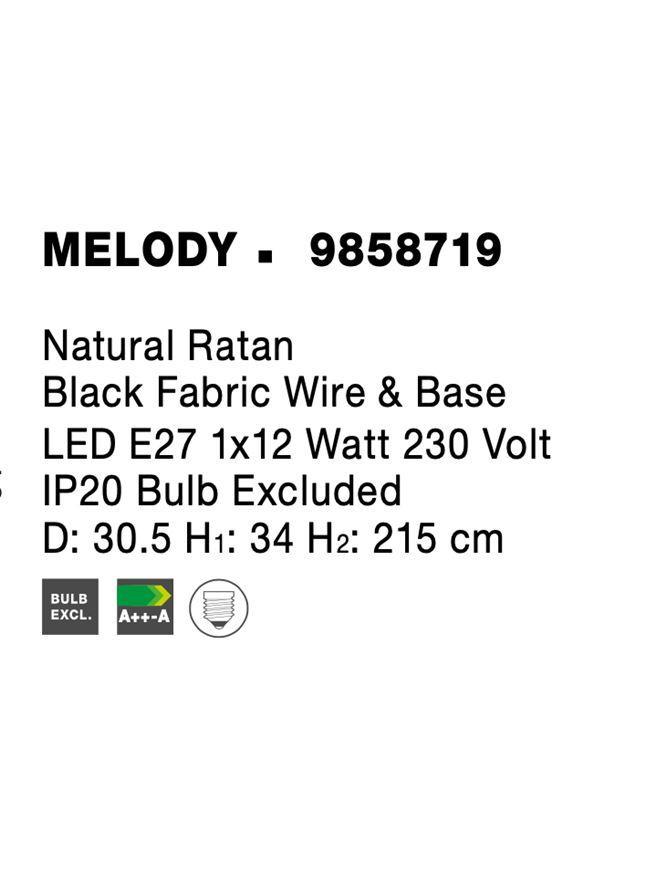 Závěsné svítidlo MELODY přírodní ratan černý kabel E27 1x12W 230V IP20 bez žárovky - NOVA LUCE