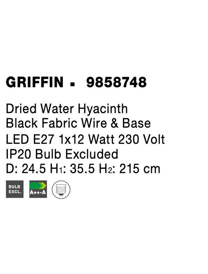 Závěsné svítidlo GRIFFIN sušený vodní hyacint černý kabel E27 1x12W 230V IP20 bez žárovky - NOVA LUCE