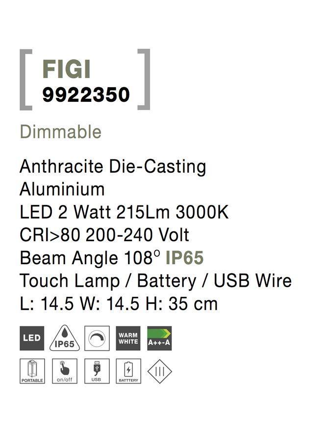 Venkovní stolní lampa FIGI antracitový hliník LED 2W 3000K 5V DC 108st. IP65 dotykový vypínač / baterie / USB kabel / stmívatelné - NOVA LUCE