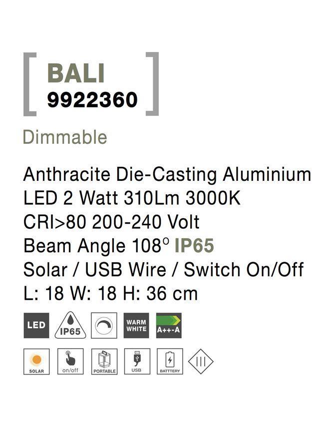 Venkovní stojací lampa BALI antracitový hliník LED 2W 3000K 5V DC 108st. IP65 solární / USB kabel / vypínač na těle / stmívatelné - NOVA LUCE