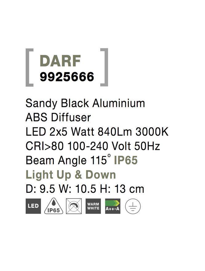 Venkovní nástěnné svítidlo DARF černý hliník ABS difuzor LED 2x5W 3000K 100-240V 115st. IP65 světlo nahoru a dolů - NOVA LUCE
