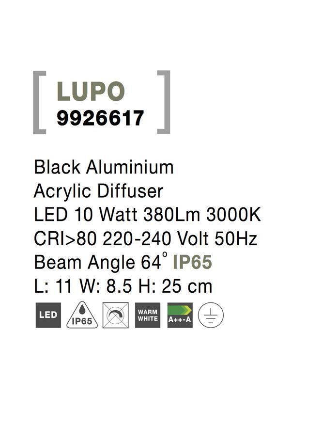 Venkovní nástěnné svítidlo LUPO černý hliník akrylový difuzor LED 10W 3000K 220-240V 64st. IP65 - NOVA LUCE