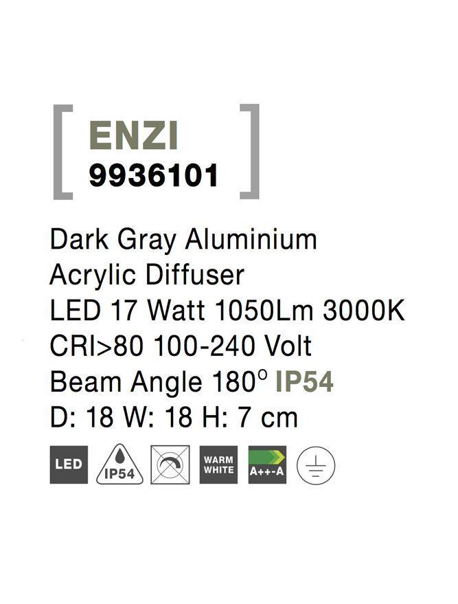 Venkovní nástěnné svítidlo ENZI tmavě šedý hliník akrylový difuzor LED 15W 3000K 100-240V 180st. IP54 - NOVA LUCE