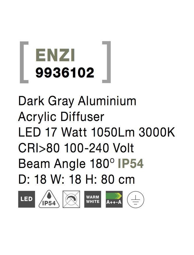 Venkovní sloupkové svítidlo ENZI tmavě šedý hliník akrylový difuzor LED 15W 3000K 100-240V 180st. IP54 - NOVA LUCE