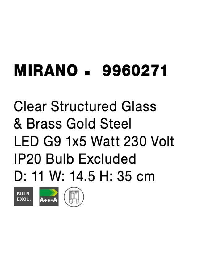Nástěnné svítidlo MIRANO čiré strukturované sklo a mosaz zlatá G9 1x5W 230V IP20 bez žárovky - NOVA LUCE