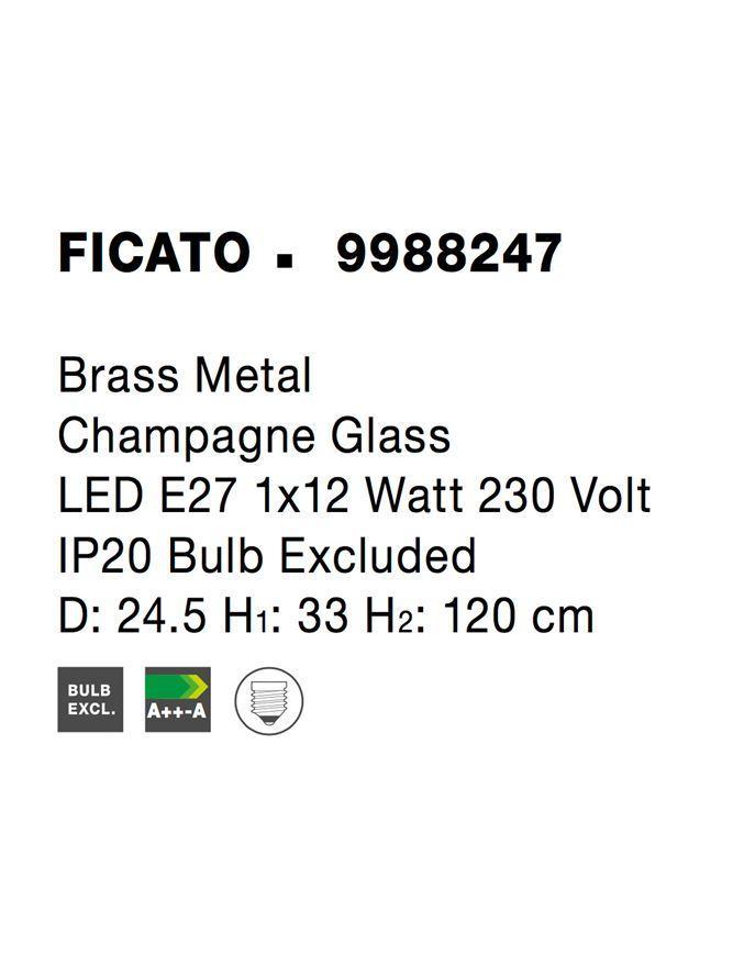 Závěsné svítidlo FICATO mosazný kov šampaň sklo E27 1x12W 230V IP20 bez žárovky - NOVA LUCE