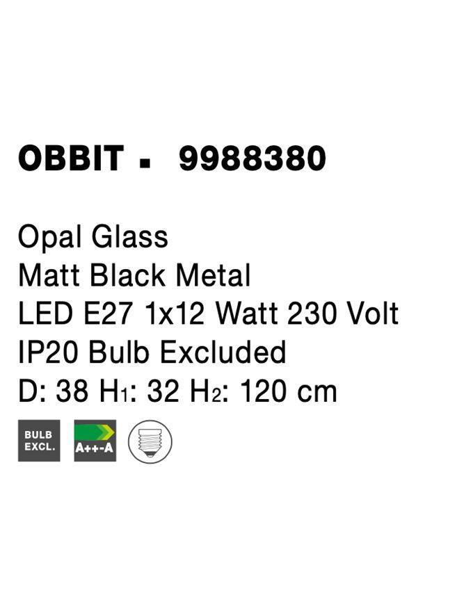 Závěsné svítidlo OBBIT opálové sklo matný černý kov E27 1x12W 230V IP20 bez žárovky - NOVA LUCE