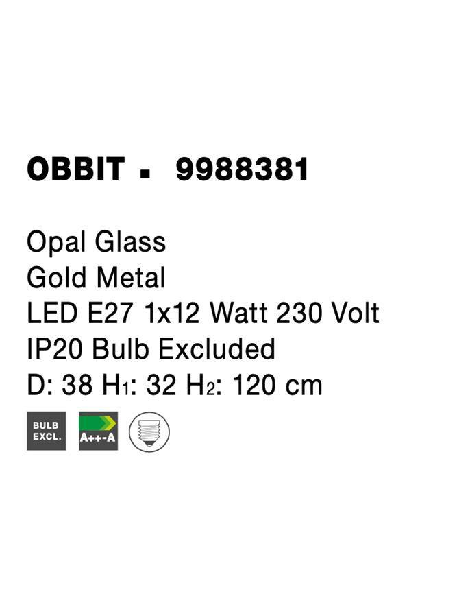 Závěsné svítidlo OBBIT opálové sklo zlatý kov E27 1x12W 230V IP20 bez žárovky - NOVA LUCE